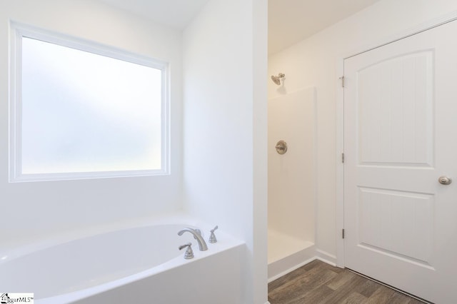 bathroom with hardwood / wood-style floors and plus walk in shower