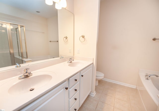 full bathroom featuring toilet, tile patterned floors, shower with separate bathtub, and vanity