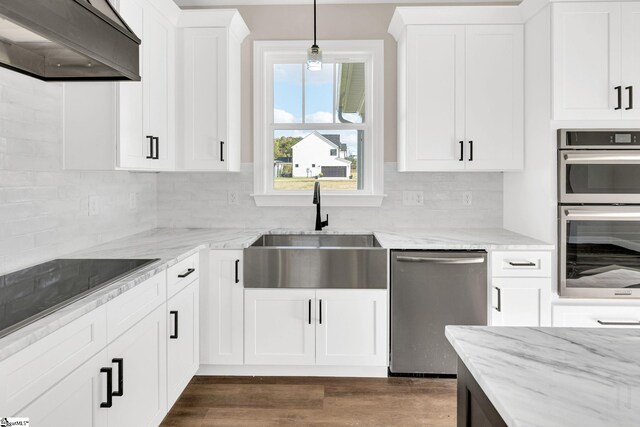 kitchen featuring dark hardwood / wood-style floors, sink, white cabinets, decorative light fixtures, and appliances with stainless steel finishes