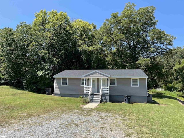 view of front of house with crawl space, a porch, and a front yard