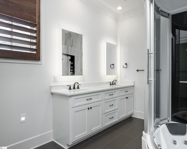 bathroom with vanity, independent shower and bath, and tile patterned flooring