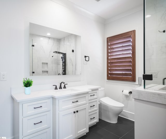 bathroom with vanity, walk in shower, toilet, and tile patterned flooring