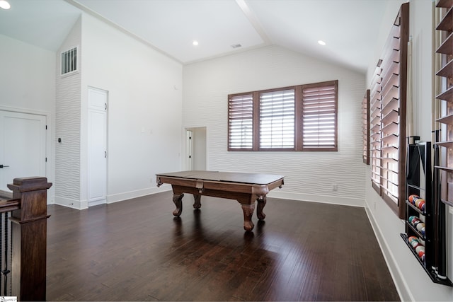 playroom with billiards, dark wood-type flooring, and vaulted ceiling