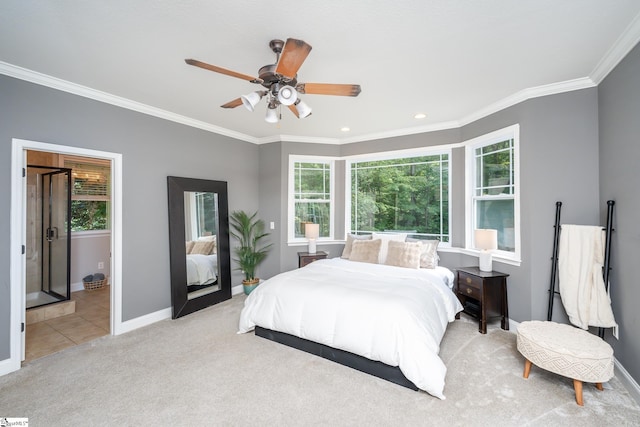 carpeted bedroom featuring ceiling fan, multiple windows, and ornamental molding