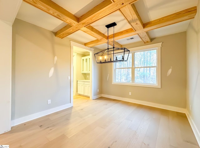 unfurnished dining area featuring light wood-type flooring, baseboards, coffered ceiling, and beamed ceiling