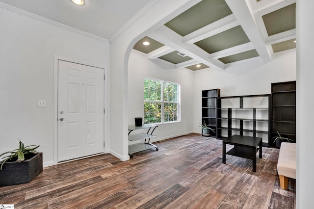 home office with beamed ceiling, coffered ceiling, wood finished floors, and baseboards