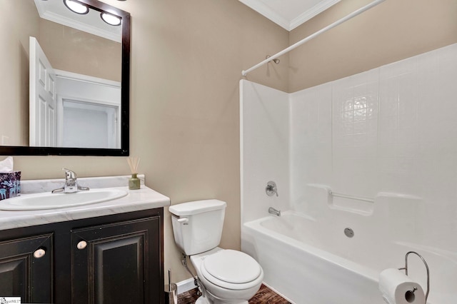 full bath with toilet, bathing tub / shower combination, ornamental molding, and vanity