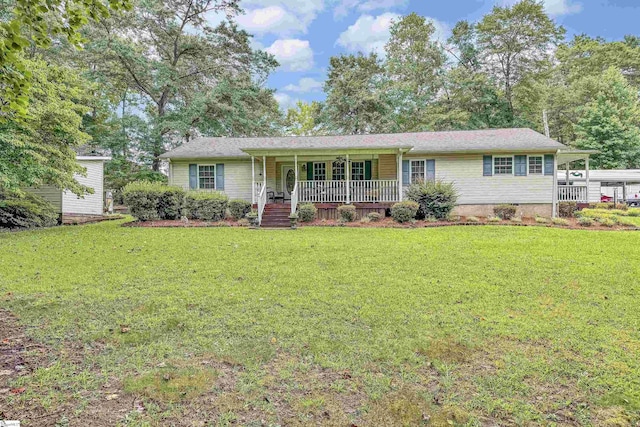 single story home with a front lawn and a porch