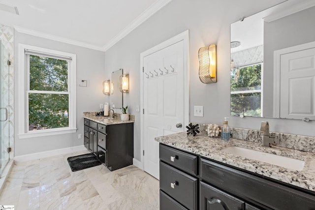 bathroom with tile patterned flooring, an enclosed shower, crown molding, and vanity