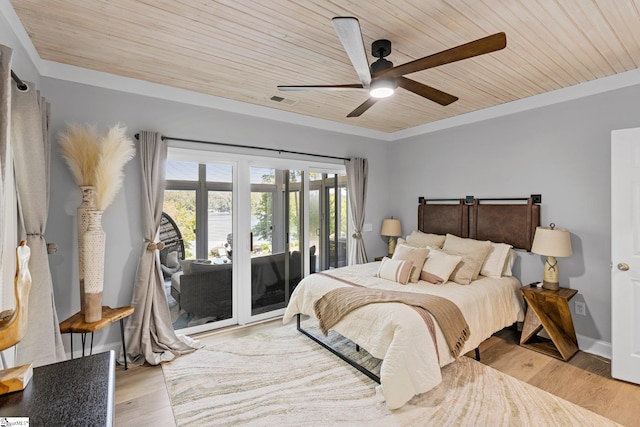 bedroom with ceiling fan, light wood-type flooring, access to outside, ornamental molding, and wooden ceiling