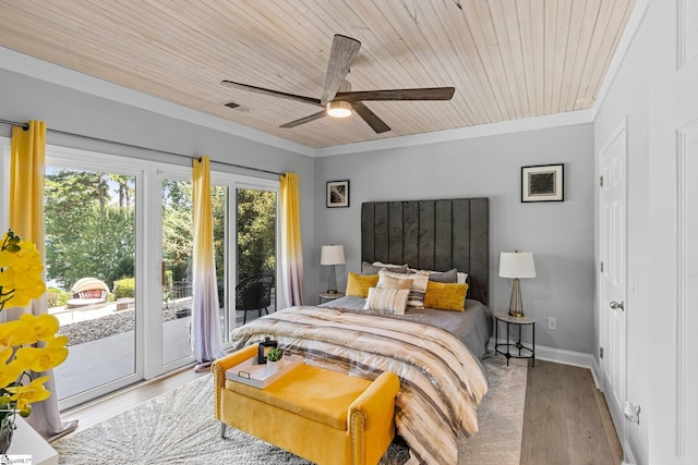 bedroom featuring ornamental molding, light wood-type flooring, access to outside, ceiling fan, and wood ceiling