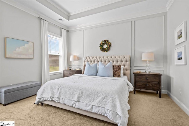 bedroom with light carpet and ornamental molding