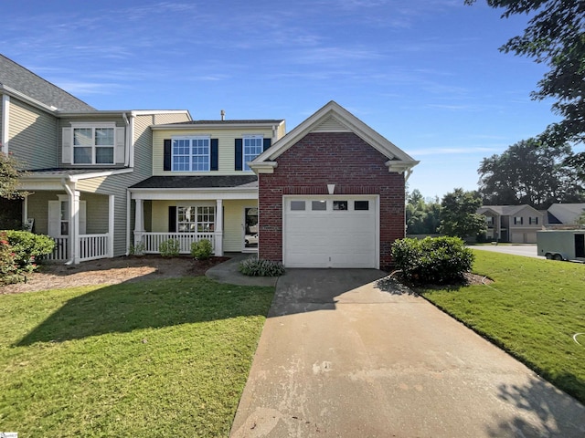 view of front of property featuring a porch, a garage, brick siding, concrete driveway, and a front yard