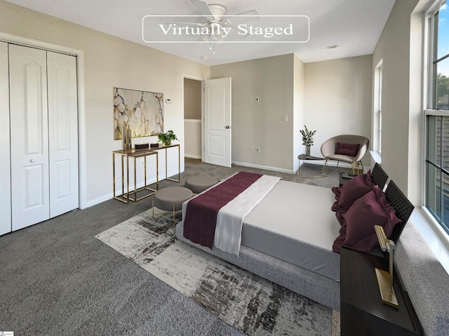 bedroom with carpet floors, ceiling fan, and baseboards