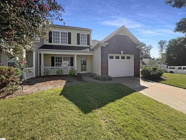 traditional-style home with a porch, an attached garage, brick siding, concrete driveway, and a front lawn