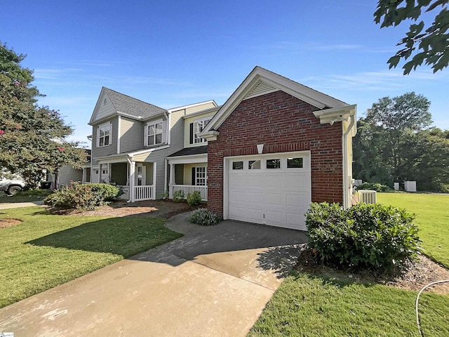 view of front of property featuring a porch, an attached garage, brick siding, driveway, and a front lawn