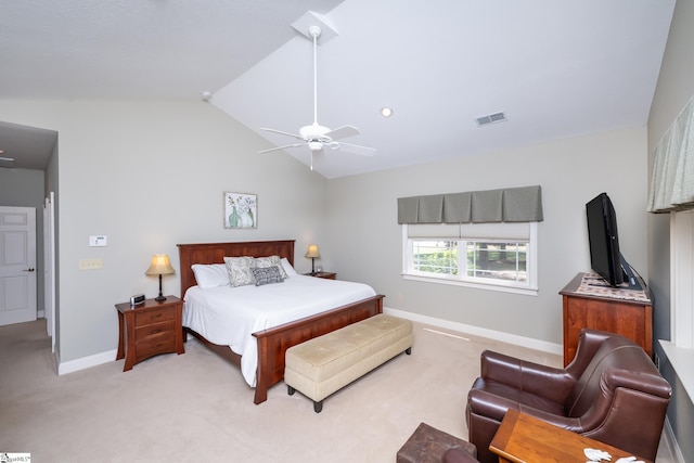 bedroom featuring baseboards, visible vents, light colored carpet, ceiling fan, and vaulted ceiling