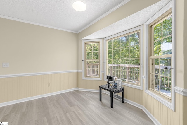 spare room featuring wood finished floors, ornamental molding, a textured ceiling, and wainscoting