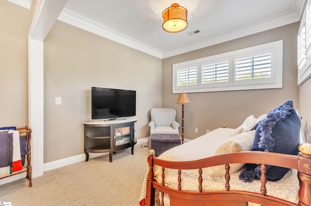 carpeted bedroom featuring crown molding