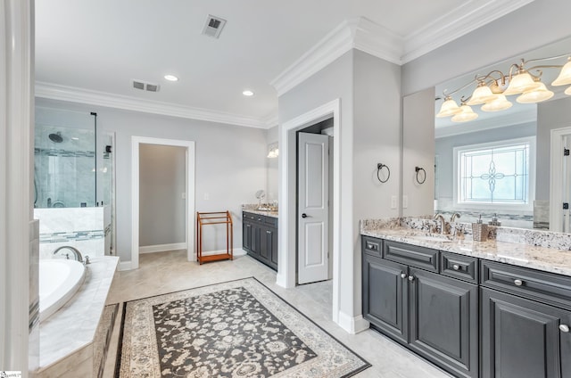 bathroom with plus walk in shower, tile patterned floors, ornamental molding, and vanity