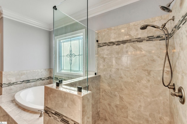 bathroom with separate shower and tub and crown molding