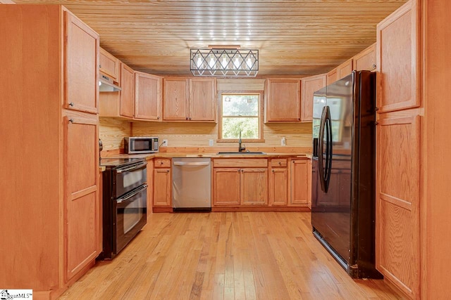 kitchen with light hardwood / wood-style flooring, sink, wooden ceiling, and black appliances