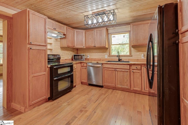 kitchen with black appliances, wood ceiling, light hardwood / wood-style floors, and sink