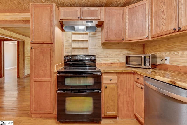 kitchen with wood walls, light hardwood / wood-style flooring, wood counters, appliances with stainless steel finishes, and wood ceiling