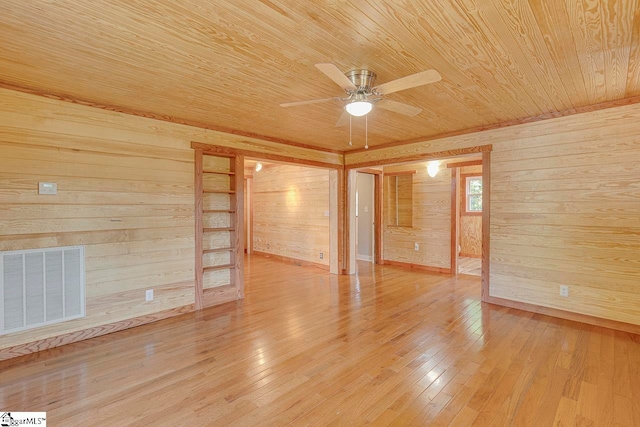 spare room with wood ceiling, light hardwood / wood-style flooring, ceiling fan, and wooden walls