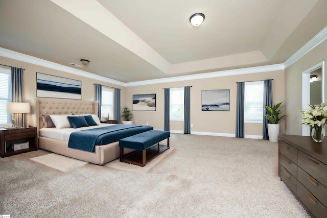 carpeted bedroom with multiple windows, a raised ceiling, and ornamental molding