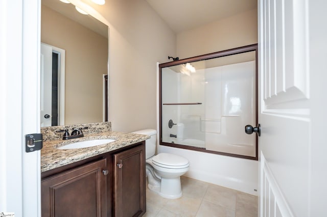 full bathroom with tile patterned floors, enclosed tub / shower combo, toilet, and vanity