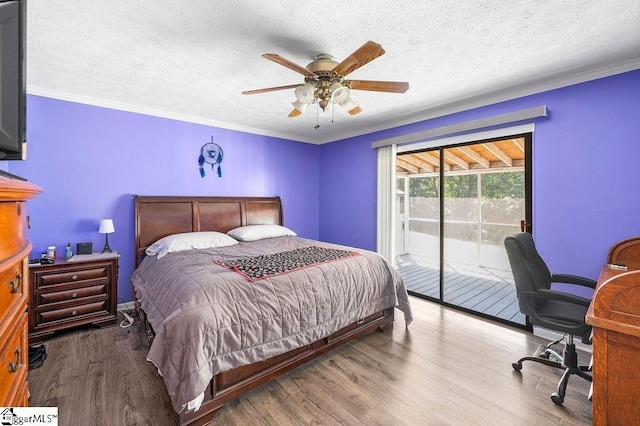 121 Sherman Ct, Piedmont, SC 29673 - bedroom featuring crown molding, a textured ceiling, access to exterior, a ceiling fan, and wood finished floors