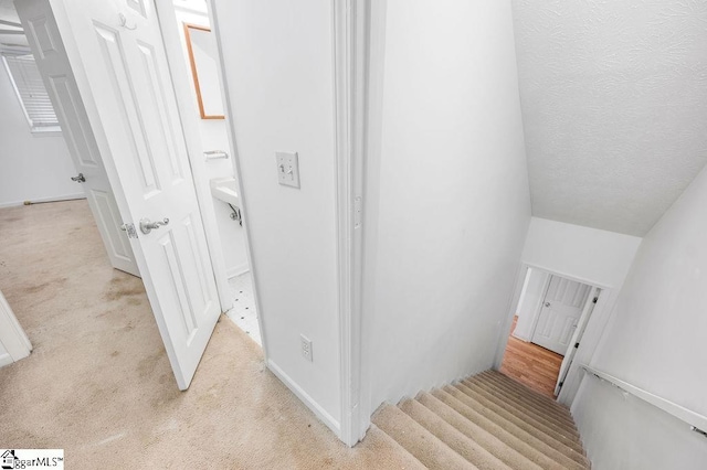 stairs with a textured ceiling, lofted ceiling, and carpet flooring