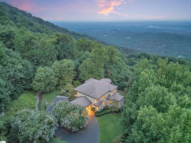 view of aerial view at dusk