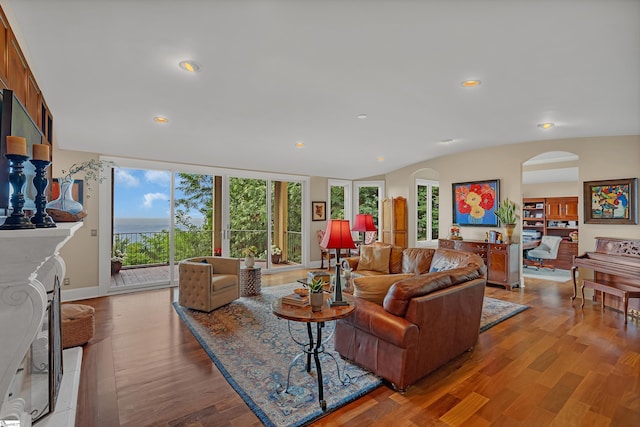 living room featuring lofted ceiling, a wealth of natural light, and light hardwood / wood-style floors