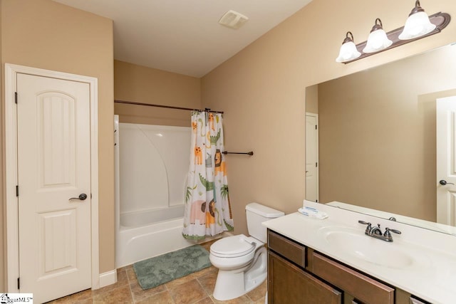 full bathroom with shower / bath combination with curtain, toilet, and vanity