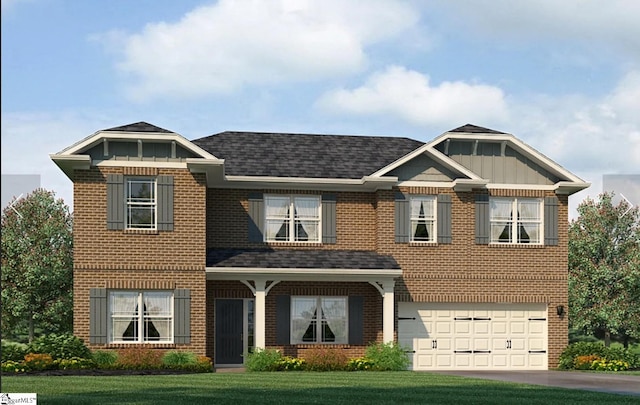 view of front of property with brick siding, board and batten siding, concrete driveway, and a front lawn