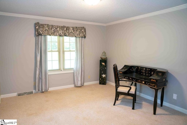 carpeted office featuring a textured ceiling and crown molding