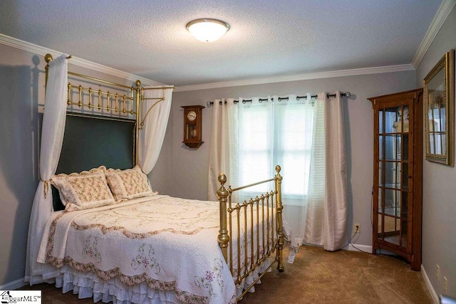 bedroom featuring crown molding, a textured ceiling, and carpet floors