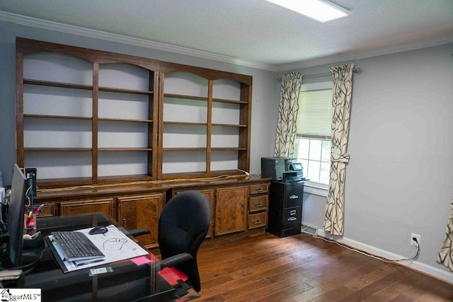 office with ornamental molding and dark wood-type flooring