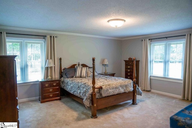 carpeted bedroom with a textured ceiling, crown molding, and multiple windows