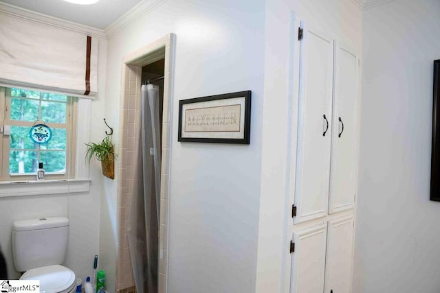 bathroom featuring ornamental molding, toilet, and a shower with shower curtain