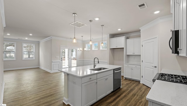 kitchen with sink, a center island with sink, stainless steel dishwasher, pendant lighting, and white cabinets