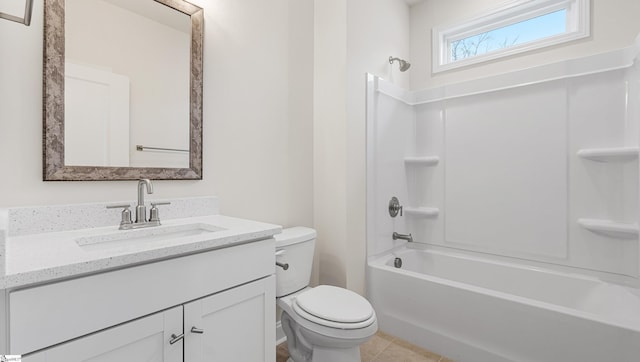 full bathroom with shower / tub combination, vanity, tile patterned floors, and toilet