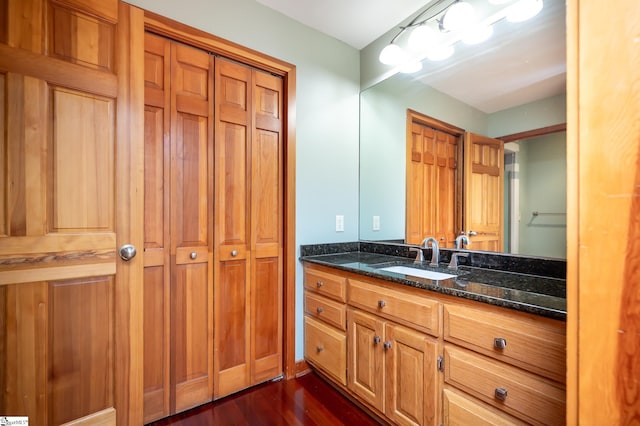 bathroom with wood-type flooring and vanity