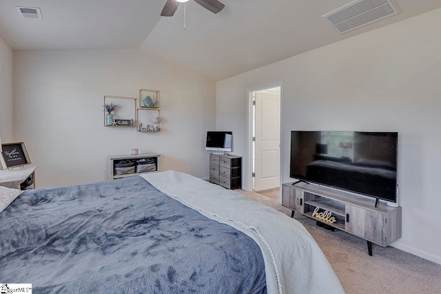 bedroom featuring light colored carpet, ceiling fan, and vaulted ceiling