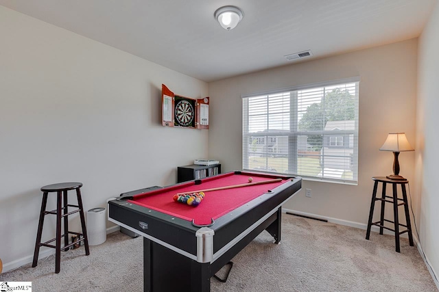 playroom featuring billiards and light colored carpet