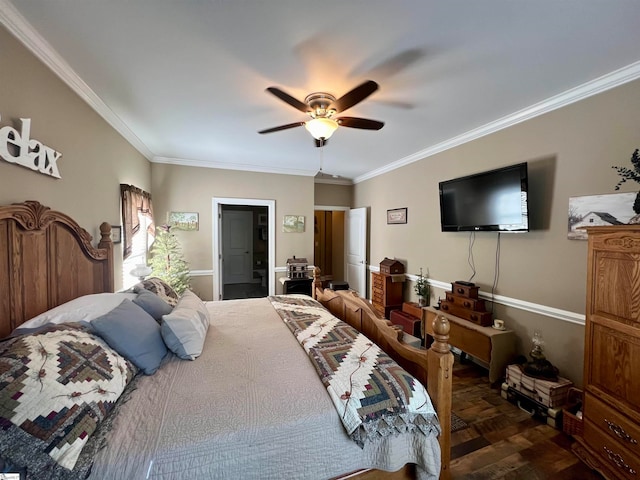 bedroom with ceiling fan, dark hardwood / wood-style flooring, ornamental molding, and ensuite bathroom