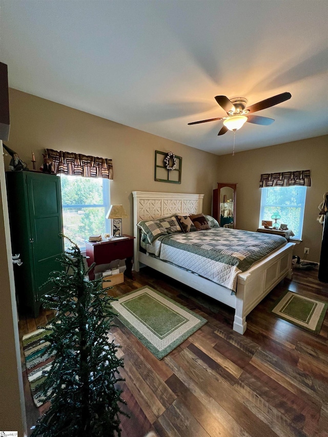 bedroom featuring dark hardwood / wood-style flooring, multiple windows, and ceiling fan