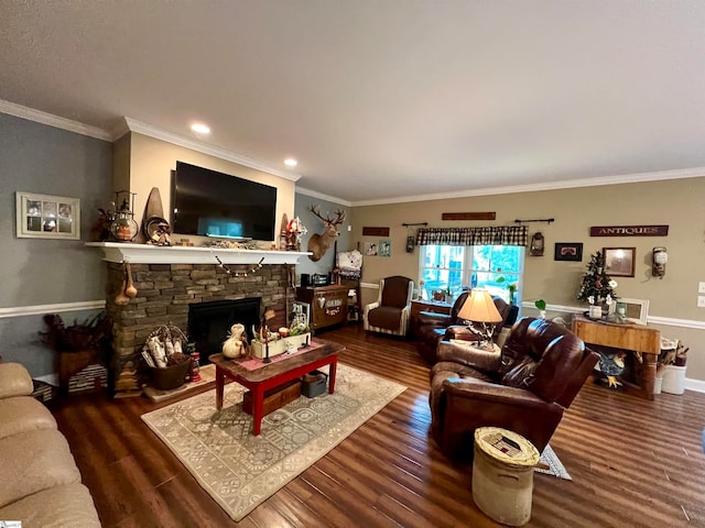 living room featuring crown molding, a fireplace, and dark hardwood / wood-style floors